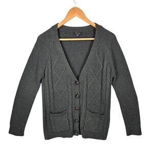 TIMING WOMEN’S CABLE KNIT CARDIGAN SWEATER – GREEN / BROWN BUTTONS – SIZE SMALL